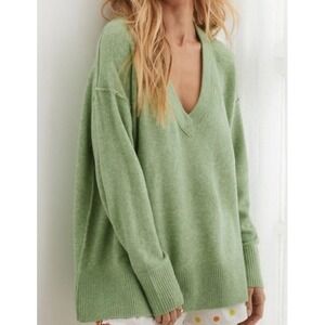 Aerie Green Oversized V-Neck Unreal Soft‎ Cozy Pullover Sweater Women's XXS